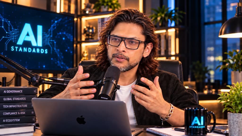Anwesh Rath at his desk speaking into a microphone, the AI Standards screen behind him